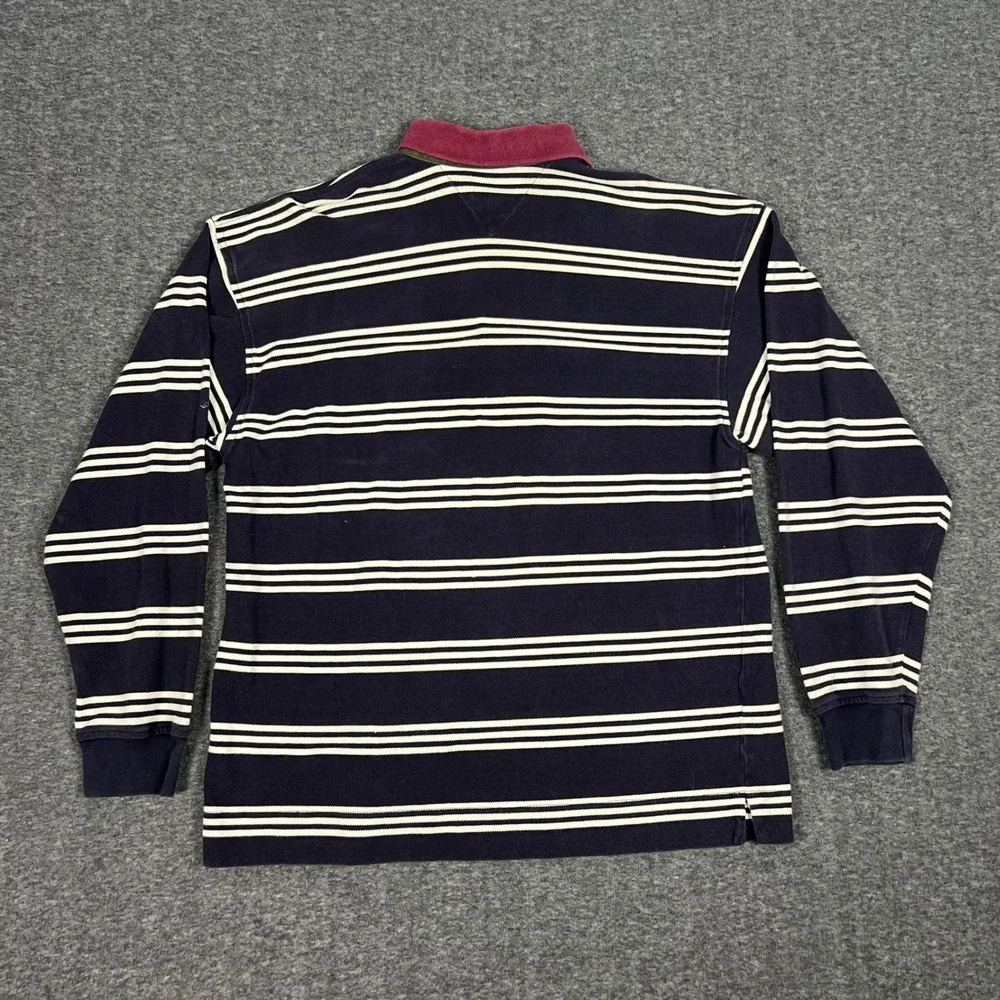 Vintage Tommy Hilfiger Rugby Polo Shirt Mens Large Navy Blue Striped Long Sleeve